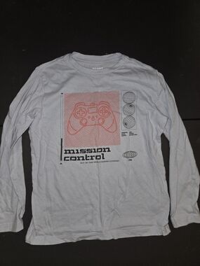 Old Navy Light Gray Mission Control Graphic Long Sleeve Tee with Red Print
